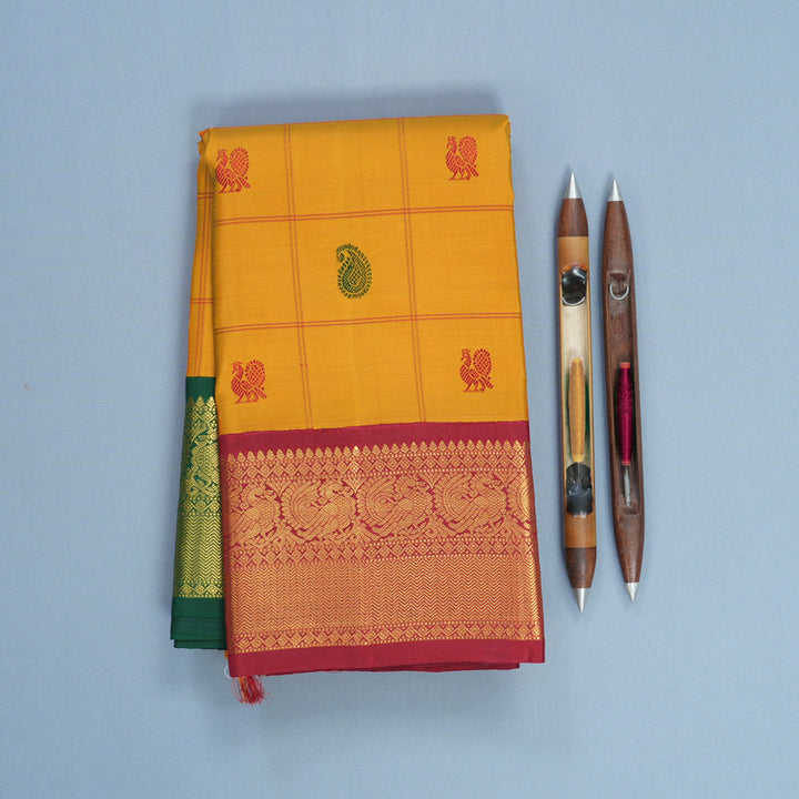Hayagrivas Handloom Mustard Yellow Kanjivaram Silk Saree with Ganga Jamuna Border KBF587G8-1
