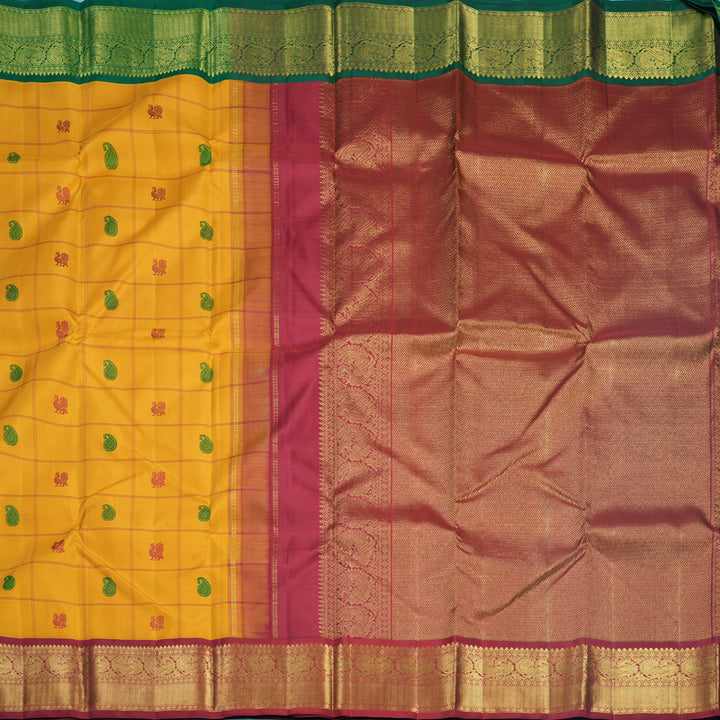 Hayagrivas Handloom Mustard Yellow Kanjivaram Silk Saree with Ganga Jamuna Border KBF587G8-1