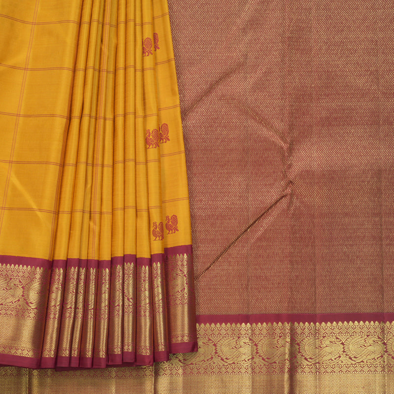 Hayagrivas Handloom Mustard Yellow Kanjivaram Silk Saree with Ganga Jamuna Border KBF587G8-1