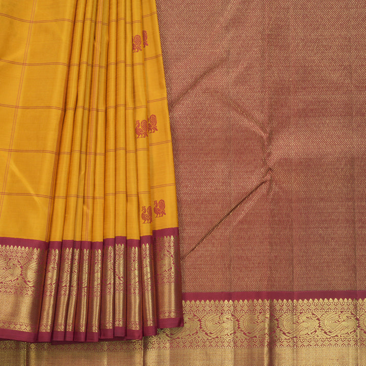 Hayagrivas Handloom Mustard Yellow Kanjivaram Silk Saree with Ganga Jamuna Border KBF587G8-1
