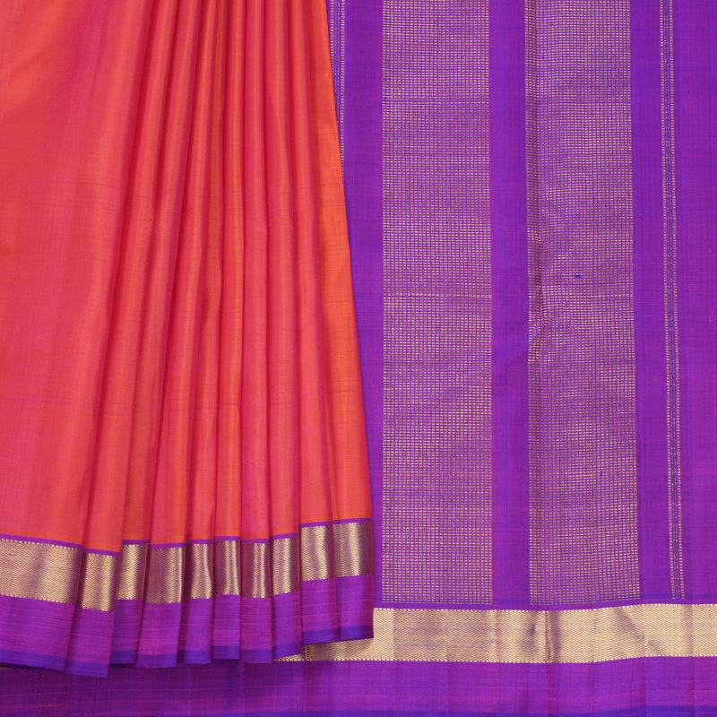 Hayagrivas Handloom Orangish-Pink Kanjivaram Silk Saree with Purple Border KBF588G1-1