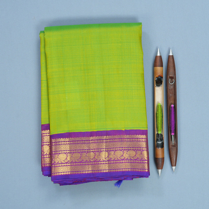 Hayagrivas Handloom Fluorescent Green Kanjivaram Silk Saree with Purple Border KBF588G4-5