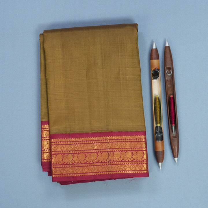 Hayagrivas Handloom Khaki Brown Kanjivaram Silk Saree with Maroon Border KBF588G4-6
