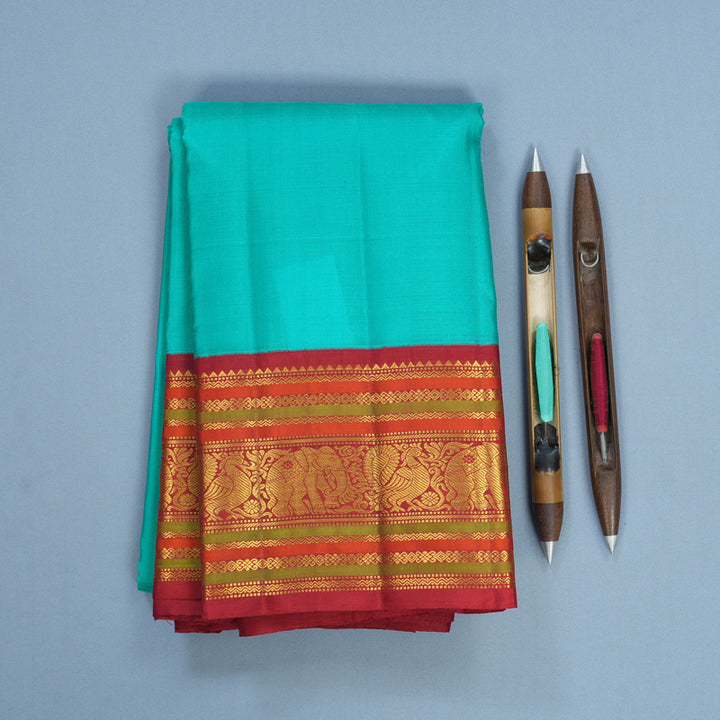 Hayagrivas Handloom Sea Green Kanjivaram Silk Saree with Red Border KBF588G6-2