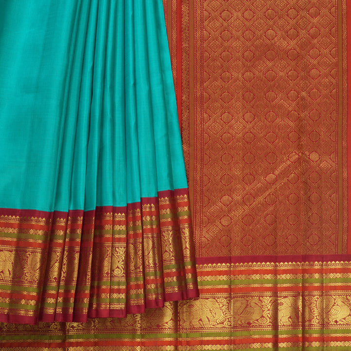 Hayagrivas Handloom Sea Green Kanjivaram Silk Saree with Red Border KBF588G6-2
