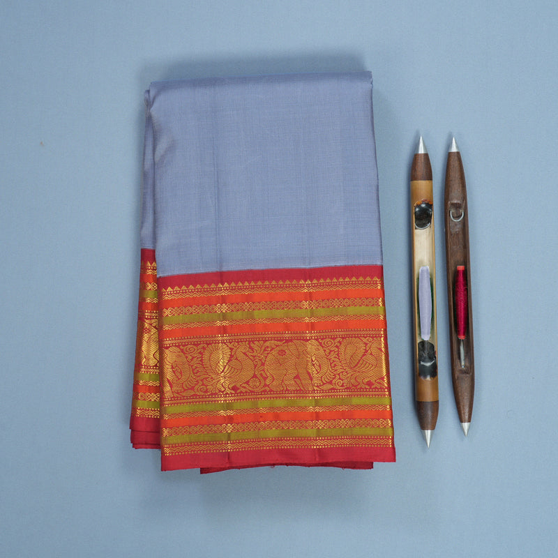 Hayagrivas Handloom Bluish-Grey Kanjivaram Silk Saree with Red Border KBF588G6-3