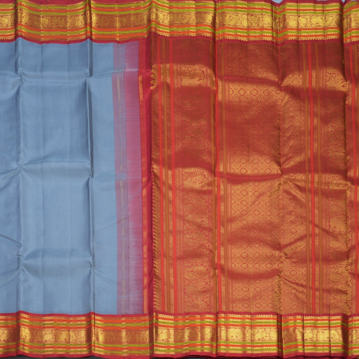 Hayagrivas Handloom Bluish-Grey Kanjivaram Silk Saree with Red Border KBF588G6-3