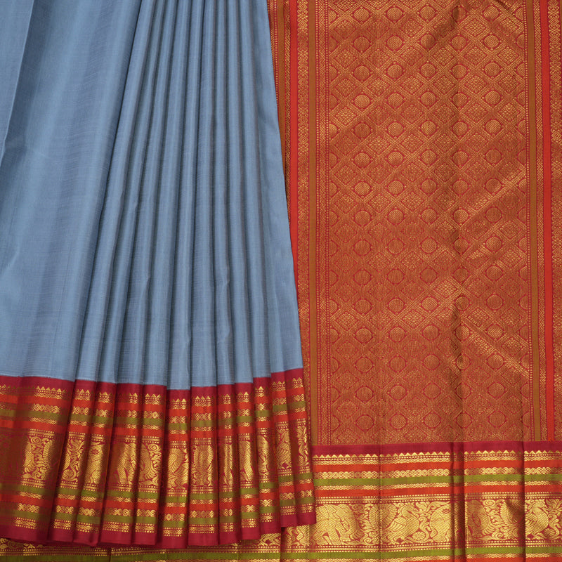 Hayagrivas Handloom Bluish-Grey Kanjivaram Silk Saree with Red Border KBF588G6-3