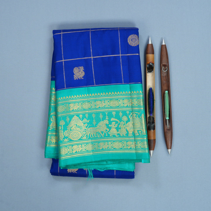 Hayagrivas Handloom MS Blue Kanjivaram Silk Saree with Sea Green Border KBF589G2-1