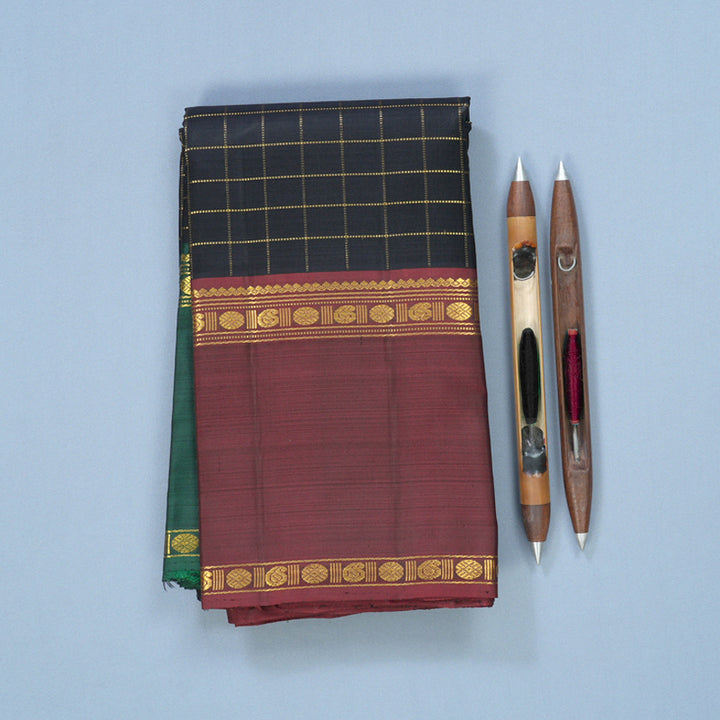 Hayagrivas Handloom Black Kanjivaram Silk Saree with Ganga Jamuna Border KBF590G1-6