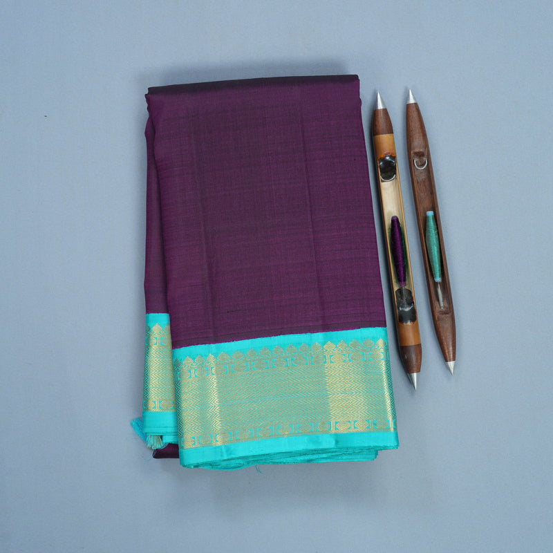 Hayagrivas Handloom Brinjal Purple Kanjivaram Silk Saree with Sea Blue Border KBF590G5-1