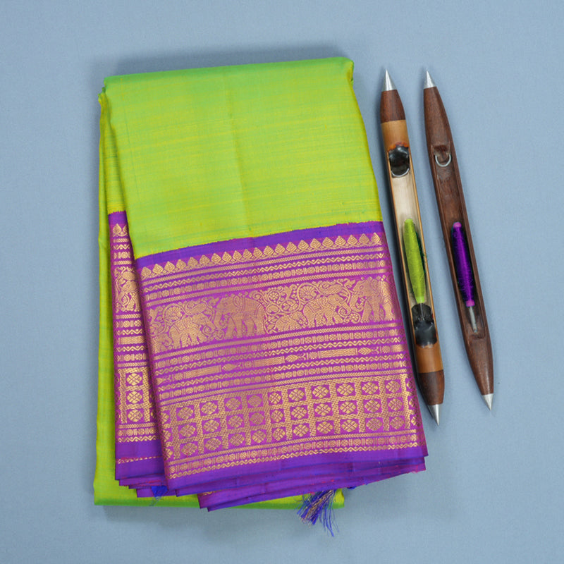 Hayagrivas Handloom Fluorescent Green Kanjivaram Silk Saree with Purple Border KBF590G6-2