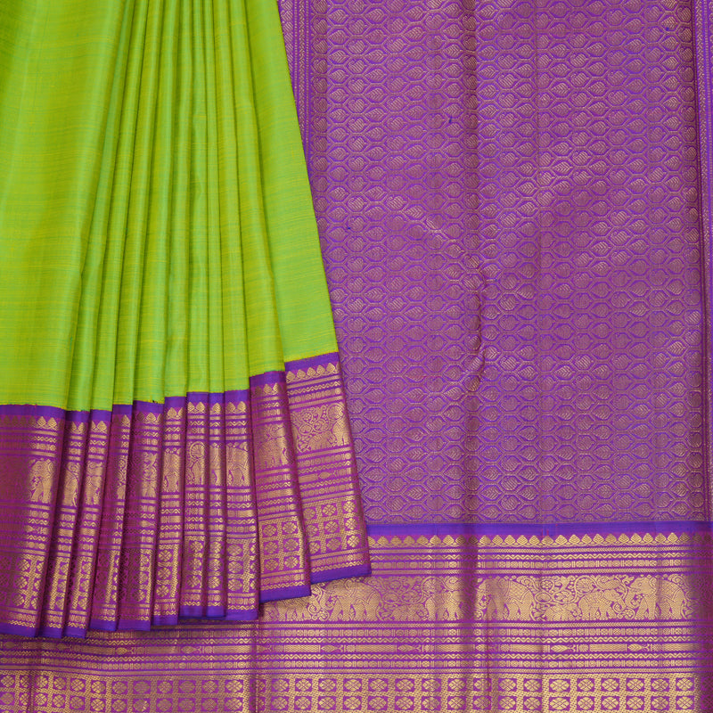 Hayagrivas Handloom Fluorescent Green Kanjivaram Silk Saree with Purple Border KBF590G6-2