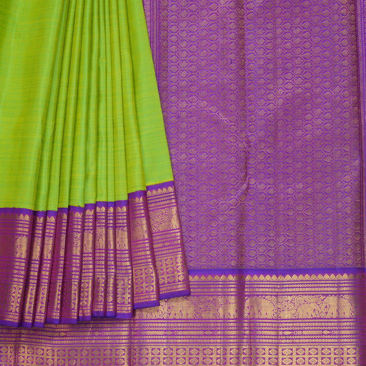 Hayagrivas Handloom Fluorescent Green Kanjivaram Silk Saree with Purple Border KBF590G6-2