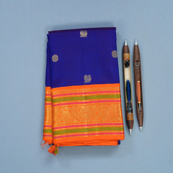 Hayagrivas Handloom Royal Blue Kanjivaram Silk Saree with Orange Border KBF593G1-1