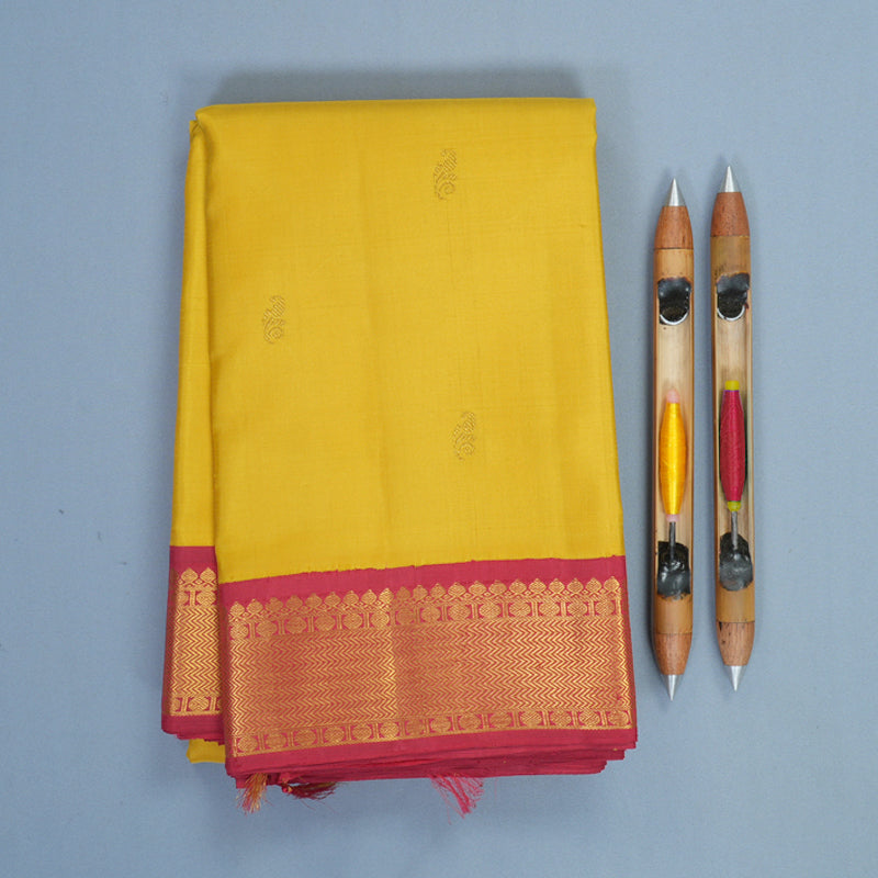 Hayagrivas Handloom Mustard Yellow Kanjivaram Silk Saree with Maroon Border KBF593G3-1