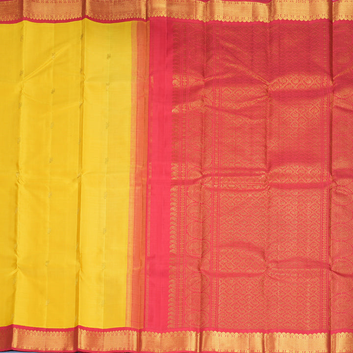 Hayagrivas Handloom Mustard Yellow Kanjivaram Silk Saree with Maroon Border KBF593G3-1