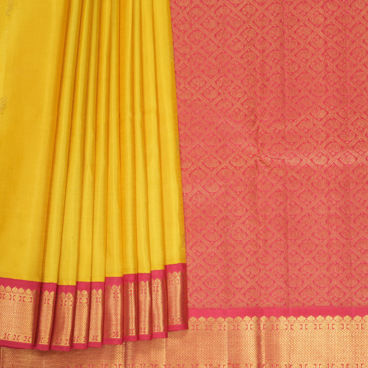 Hayagrivas Handloom Mustard Yellow Kanjivaram Silk Saree with Maroon Border KBF593G3-1