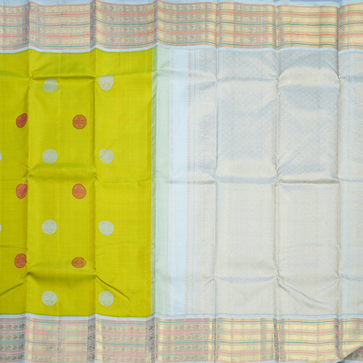 Hayagrivas Handloom Lime Green Kanjivaram Silk Saree with Powder Blue Border KBF593G5-1