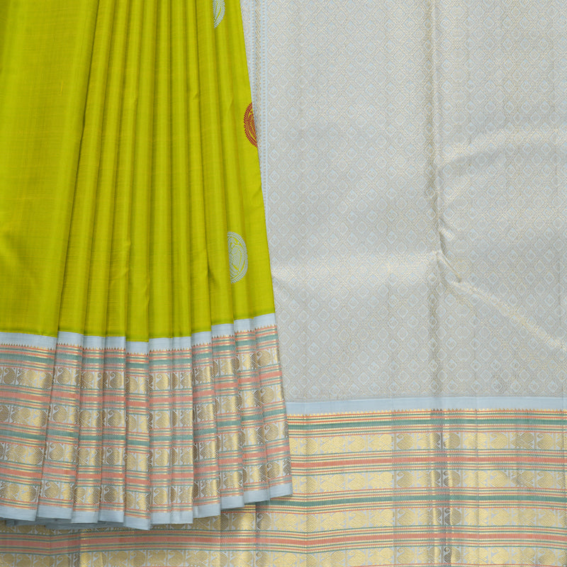 Hayagrivas Handloom Lime Green Kanjivaram Silk Saree with Powder Blue Border KBF593G5-1