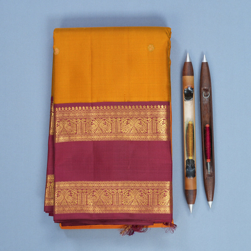 Hayagrivas Handloom Mustard Kanjivaram Silk Saree with Maroon Border KBF593G6-1