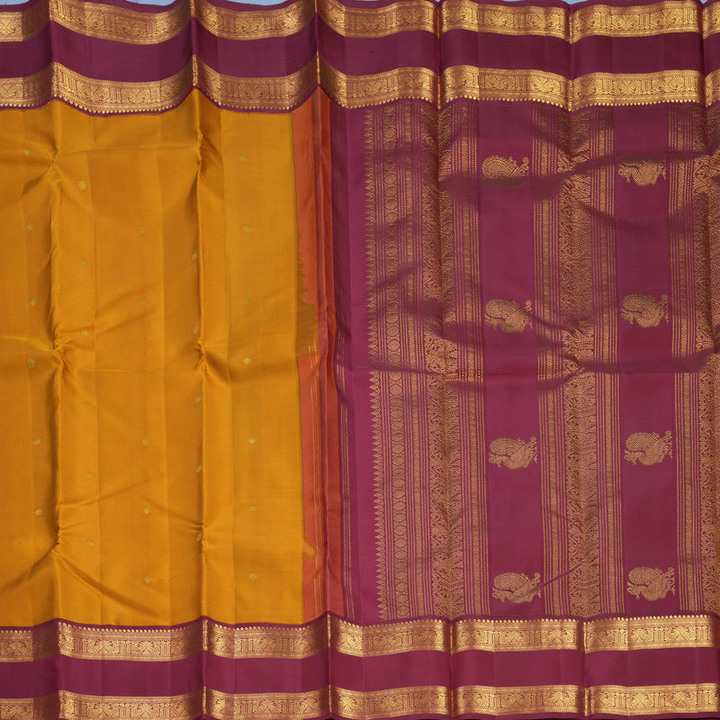 Hayagrivas Handloom Mustard Kanjivaram Silk Saree with Maroon Border KBF593G6-1