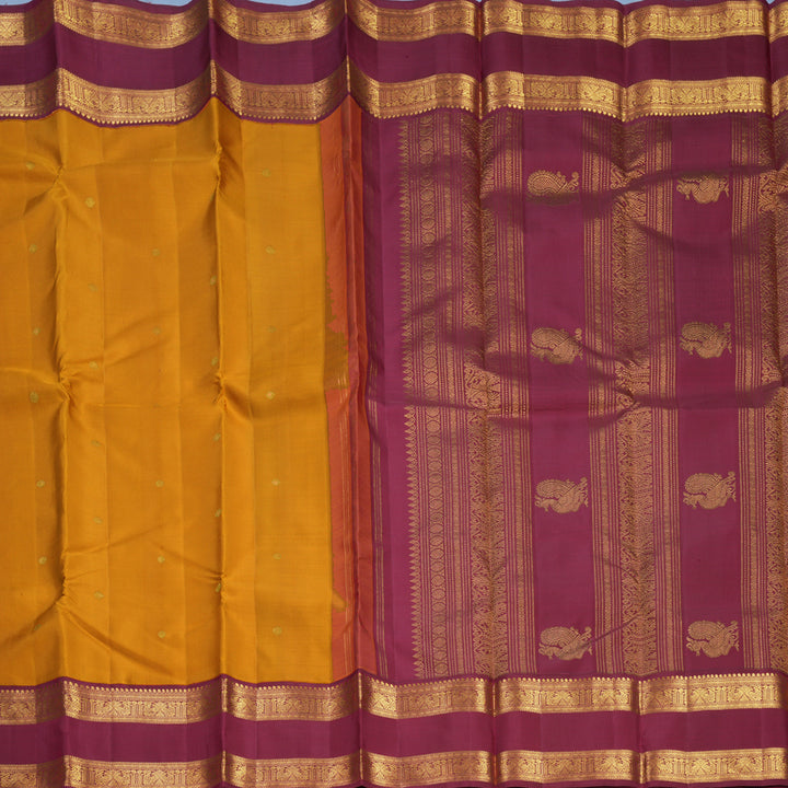 Hayagrivas Handloom Mustard Kanjivaram Silk Saree with Maroon Border KBF593G6-1