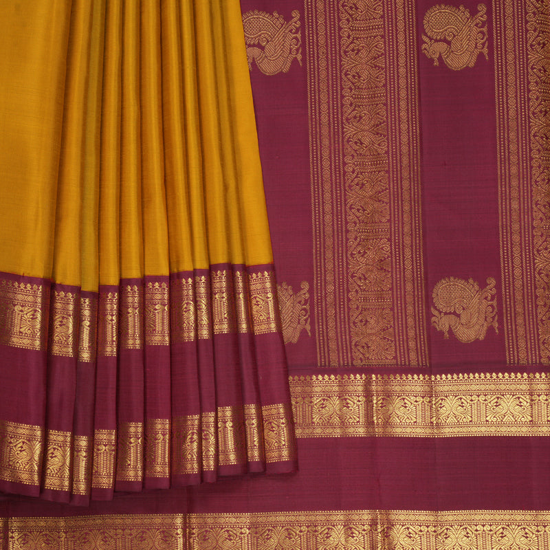 Hayagrivas Handloom Mustard Kanjivaram Silk Saree with Maroon Border KBF593G6-1