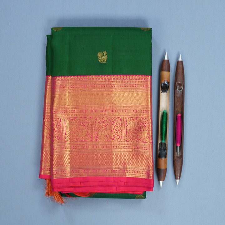 Hayagrivas Handloom Bottle Green Kanjivaram Silk Saree with Orangish Pink Border KBF595G1-1