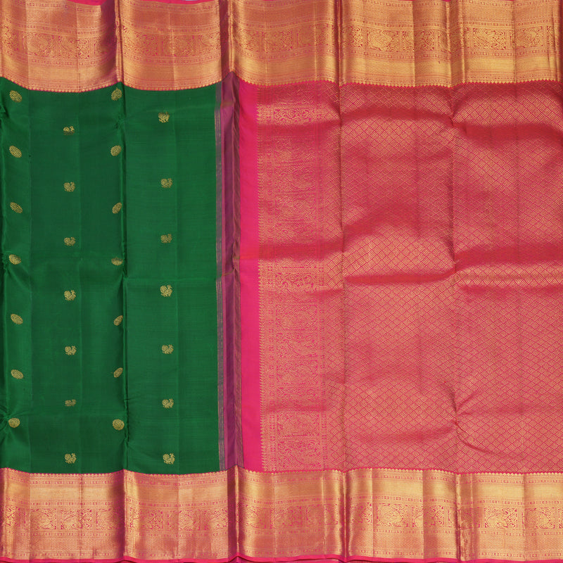 Hayagrivas Handloom Bottle Green Kanjivaram Silk Saree with Orangish Pink Border KBF595G1-1