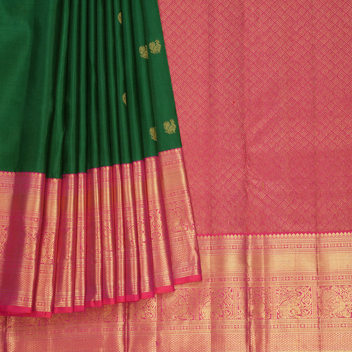 Hayagrivas Handloom Bottle Green Kanjivaram Silk Saree with Orangish Pink Border KBF595G1-1