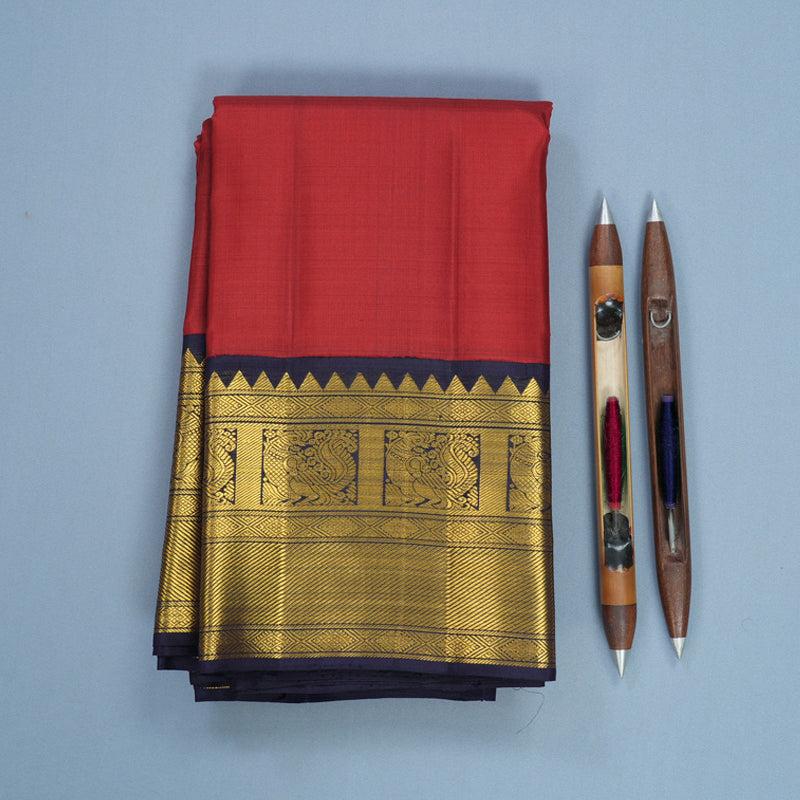 Hayagrivas Handloom Red Kanjivaram Silk Saree with Midnight Blue Border KBF595G3-1