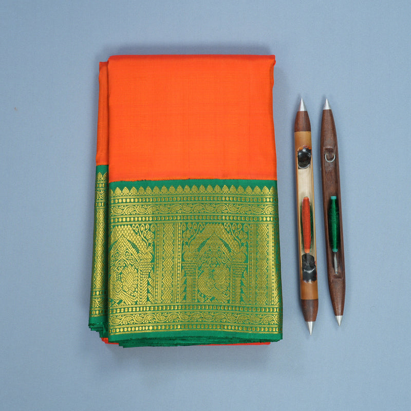 Hayagrivas Handloom Orange Kanjivaram Silk Saree with Meenakshi Green Border KBF595G3-2