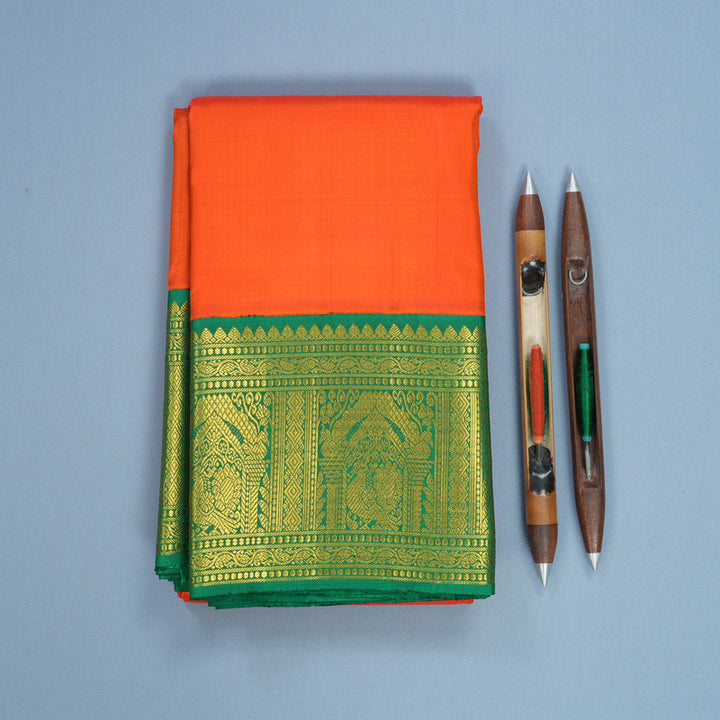 Hayagrivas Handloom Orange Kanjivaram Silk Saree with Meenakshi Green Border KBF595G3-2