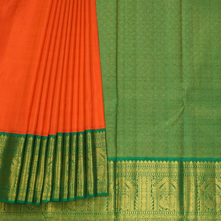 Hayagrivas Handloom Orange Kanjivaram Silk Saree with Meenakshi Green Border KBF595G3-2