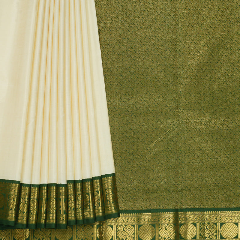 Hayagrivas Handloom Half-White Kanjivaram Silk Saree with Olive Green Border KBF595G4-2