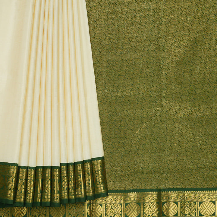 Hayagrivas Handloom Half-White Kanjivaram Silk Saree with Olive Green Border KBF595G4-2
