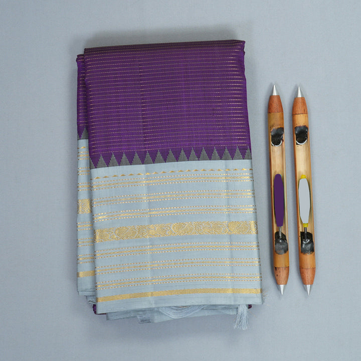 Hayagrivas Handloom Brinjal Purple Kanjivaram Silk Saree with Ash Grey Border KBF596G6-1