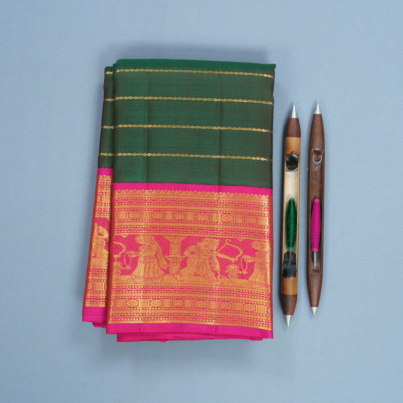Hayagrivas Handloom Bottle Green Kanjivaram Silk Saree with Rani Pink Border KBF596G8-1