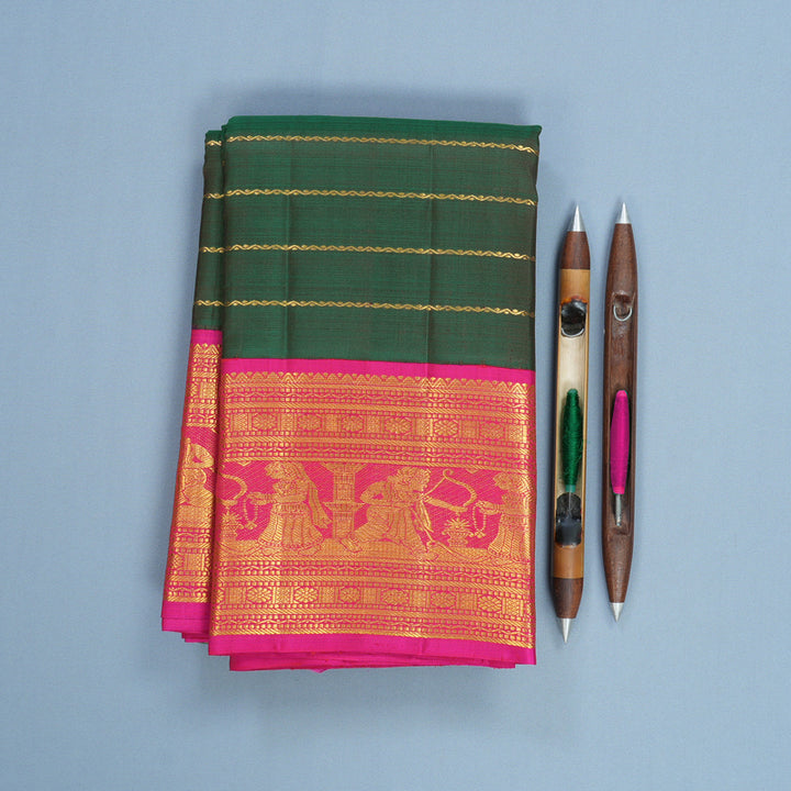 Hayagrivas Handloom Bottle Green Kanjivaram Silk Saree with Rani Pink Border KBF596G8-1
