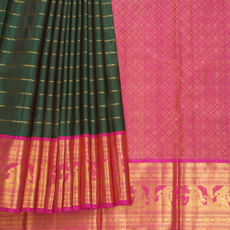 Hayagrivas Handloom Bottle Green Kanjivaram Silk Saree with Rani Pink Border KBF596G8-1