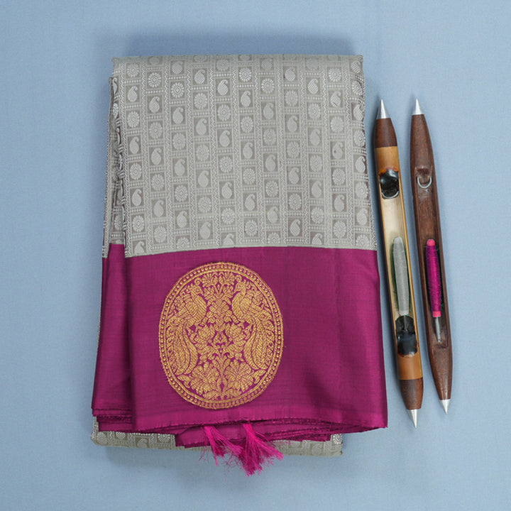 Hayagrivas Handloom Grey Kanjivaram Silk Saree with Purple Border KBF597G2-1