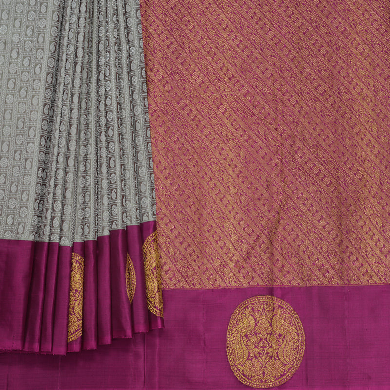 Hayagrivas Handloom Grey Kanjivaram Silk Saree with Purple Border KBF597G2-1