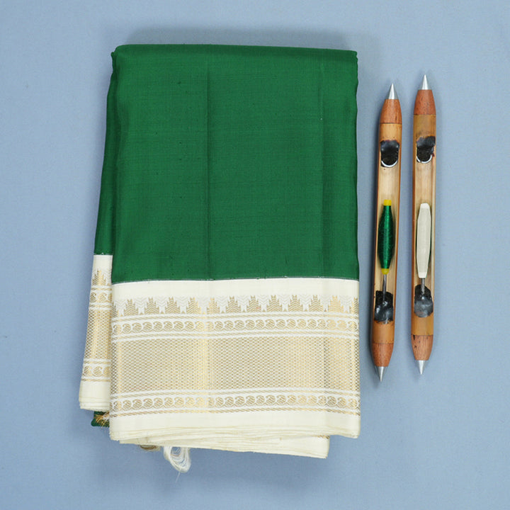Hayagrivas Handloom Dark Green Kanjivaram Silk Saree with Half-White Border KBF598G2-1