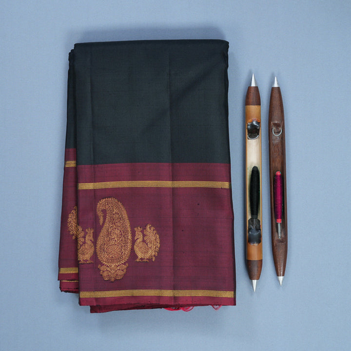 Hayagrivas Handloom Black Kanjivaram Silk Saree with Pinkish Maroon Border KBF599G4-1