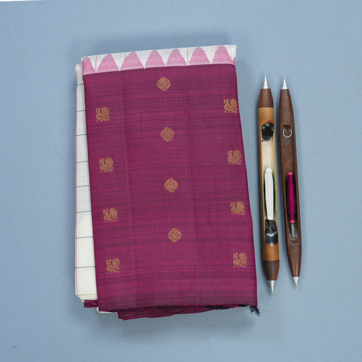 Hayagrivas Handloom Half-White Kanjivaram Silk Saree with Purple Border KBF599G5-1