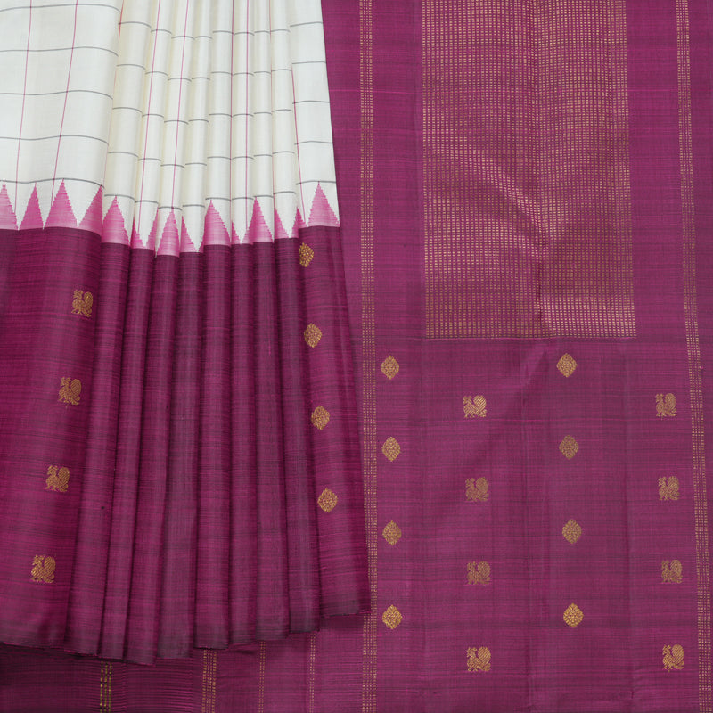 Hayagrivas Handloom Half-White Kanjivaram Silk Saree with Purple Border KBF599G5-1