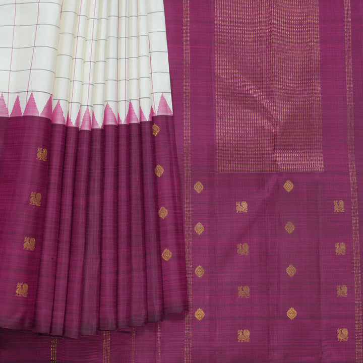 Hayagrivas Handloom Half-White Kanjivaram Silk Saree with Purple Border KBF599G5-1