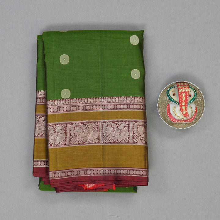 Hayagrivas Handloom Olive Green Kanjivaram Silk Saree with Wine Maroon Border KBF59D1-10