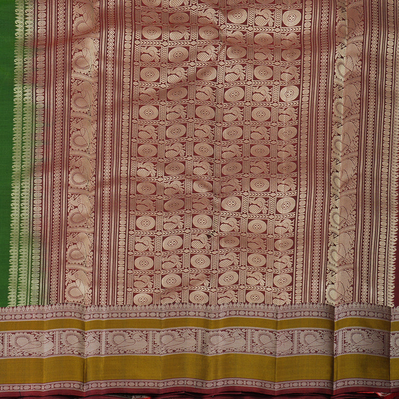 Hayagrivas Handloom Olive Green Kanjivaram Silk Saree with Wine Maroon Border KBF59D1-10